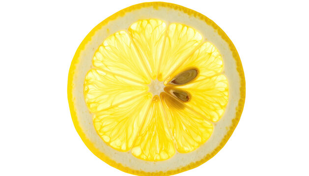 Translucent lemon slice, with yellow flesh & rind, against a stark black backdrop, showcasing radial segments
