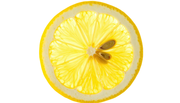 Translucent lemon slice, with yellow flesh & rind, against a stark black backdrop, showcasing radial segments