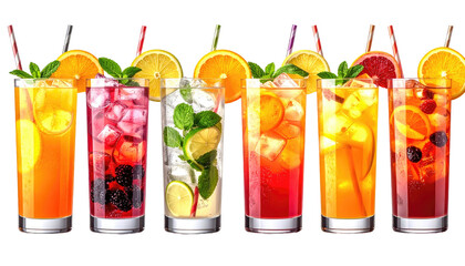Assorted colorful cocktails garnished with fruit, mint, and straws