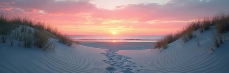 Fototapeta premium Sea sand dunes with grass lead to sunset. Footprints mark path in sand. Pink sky meets the horizon at skyline. Beach scene provides serenity. Travel adventure beckons.
