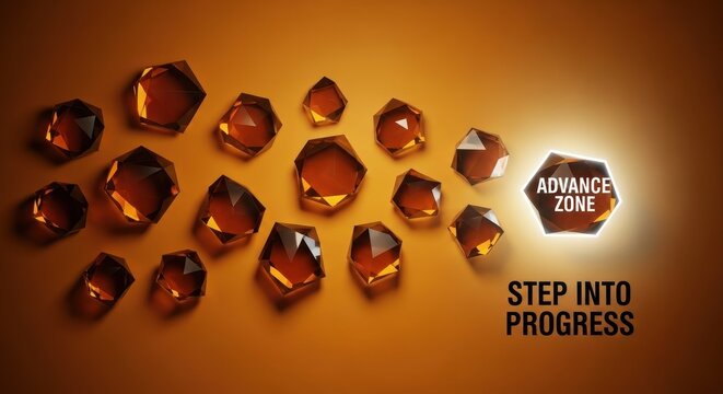 Collection of geometric faceted gemstones on an orange background