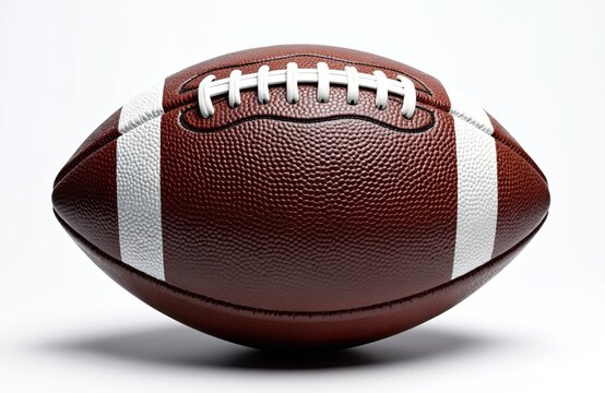 American football ball isolated on white background. Brown leather pigskin with laces, stripes for good grip. Pro sport equipment for college game, championship, league match, super bowl competition.