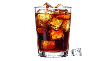 Glass of dark, bubbly liquid with numerous ice cubes, some melting, against a solid black background
