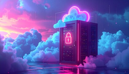 Futuristic secure cloud server infrastructure with glowing neon padlock for data protection in vibrant digital sky.
