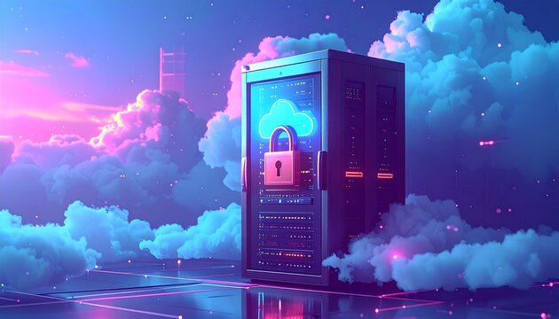 Secure cloud data server in a vibrant neon digital environment representing advanced network protection and cybersecurity infrastructure.