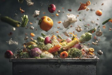 Expired food waste suspended in air over a frayed trash bin, showcasing colorful fruits and vegetables in chaos against a dark background
