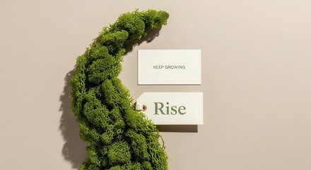 Green moss with business cards displaying the words Keep Growing and Rise