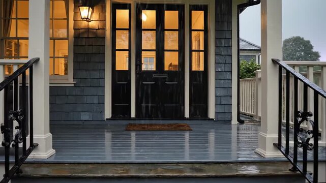 cape house - A cozy front porch on a rainy day, featuring a stylish door with windows, warm indoor light glowing, and raindrops falling, creating a peaceful and inviting atmosphere