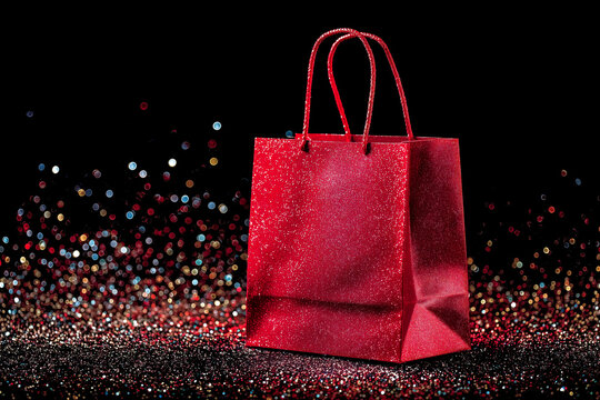 Red glitter gift bag with sparkling bokeh lights on black background image - Powered by Adobe
