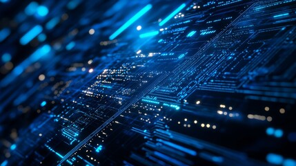 Blue technological backdrop, intricate patterns of circuits, light trails, digital code fragments, sense of movement and energy, high-tech visualization, 3D artwork