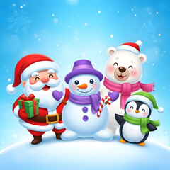 Whimsical Christmas Illustration with Santa, Snowman, Polar Bear, and Penguin – Festive Holiday Art