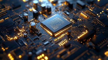 Central processing unit, gold contacts, microchips, transistors, binary code streams, data processing visualization, abstract technology, intricate details, close-up view.