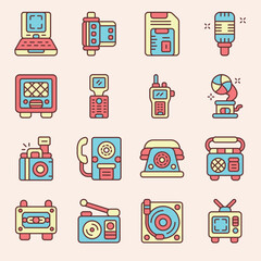Vintage Tech Gadgets A Collection of Retro Electronics and Iconic Media Devices in Colorful Outline Style