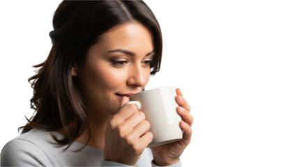 Serene woman enjoying a warm beverage in a white mug