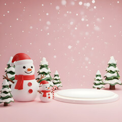 Cute Christmas Cartoon Scene – Snow-Dusted Trees, Snowmen, and Festive Holiday Magic
