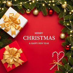 Elegant Merry Christmas & Happy New Year Design – Holiday Flat Lay with Gifts and Lights