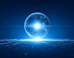 Glowing sphere with starburst effect, over textured blue surface