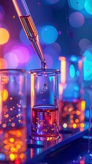 Chemistry in action a close up view of a pipette dropping a colorful solution into a test tube glowing with bokeh lights.