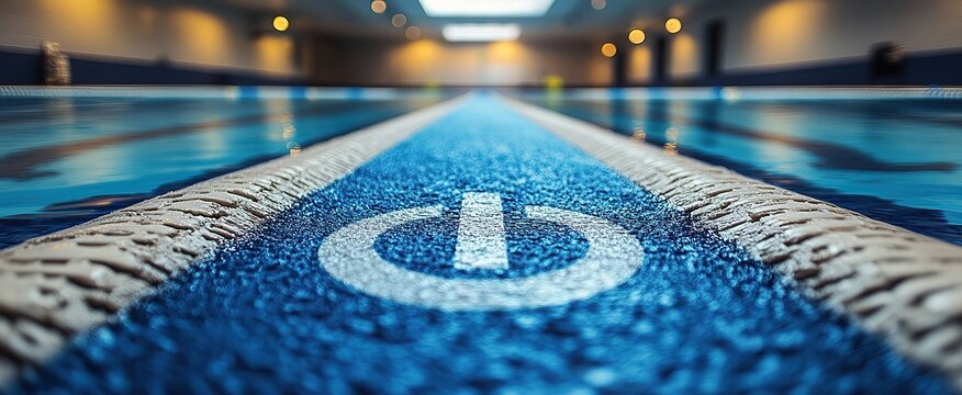 Power symbol on a blue lane marker in a swimming pool leading to blurred background