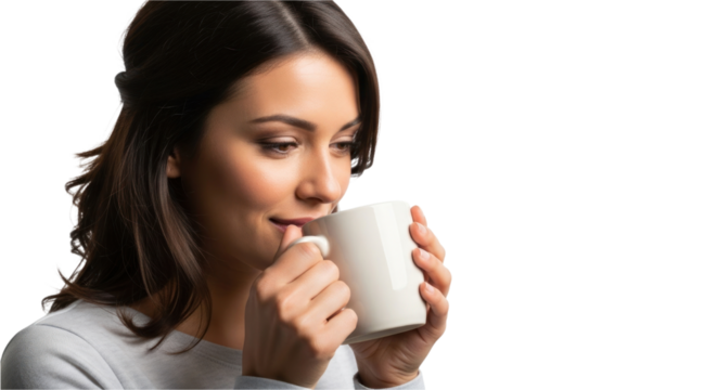 Serene woman enjoying a warm beverage in a white mug