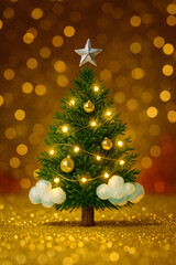 Bright Green Christmas Tree with Golden Ornaments and Fairy Lights
