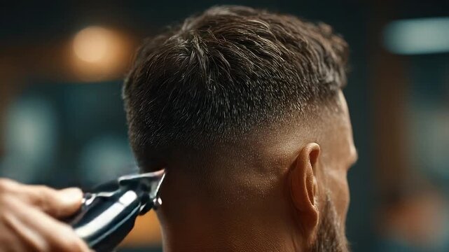 A man getting a haircut, clippers near his ear, focus on hair & skin