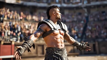 A man in a gladiator costume standing in front of a crowd of people - Powered by Adobe