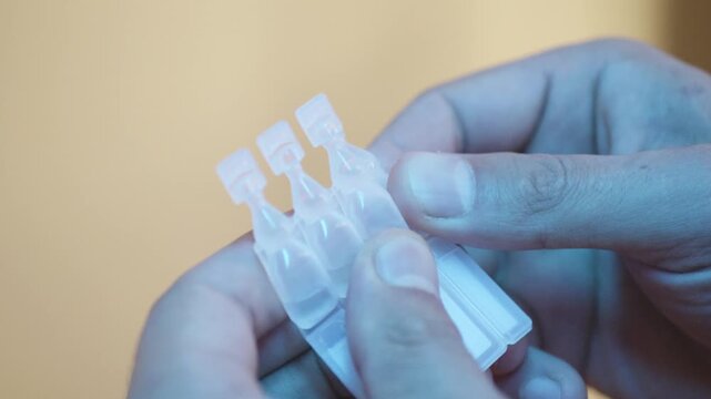 A male fingers separate plastic ampoules from a blister pack. Slow motion