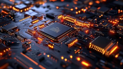 Close-up microchip, transistors, integrated circuit, semiconductor technology, nanotechnology, detailed structure, scientific visualization, electronic components, complex design.