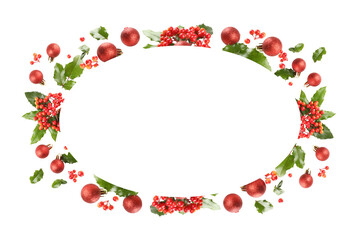 Red ornaments and green leaves make a frame, isolated, PNG
