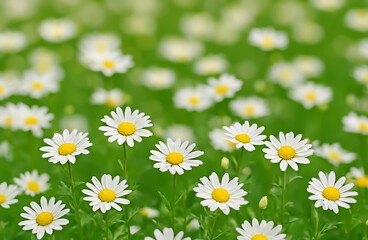 Fototapeta premium A sea of white daisies stretches endlessly, their golden centers glowing like sunshine above a bed of lush green.