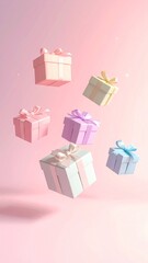 Floating pastel gift boxes with ribbons and bows on a soft pink background a joyful celebration concept for holidays and special occasions.