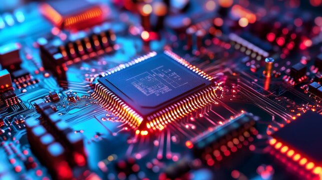 Close-up microchip, transistors, integrated circuit, semiconductor technology, nanotechnology, detailed structure, scientific visualization, electronic components, complex design.