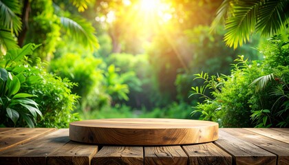 Empty circular wooden product stage on a natural wooden table in a vibrant green tropical jungle setting with sunbeams.