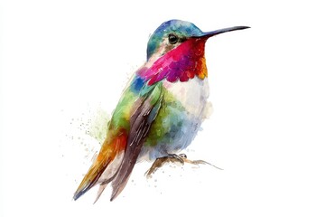 Fototapeta premium Colorful tropical hummingbird perched gracefully against a plain white background showcasing its vibrant plumage and intricate details