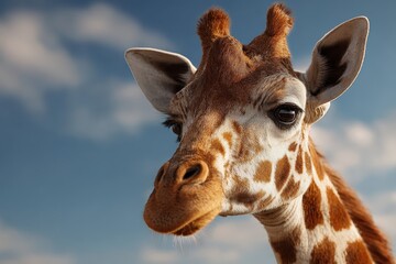 Fototapeta premium Stunning close-up of a giraffe showcasing its unique features against a blue sky during daylight