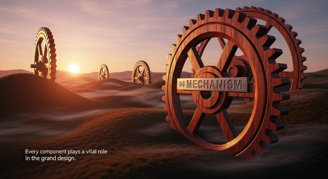 Wooden Gears in a Sunset Landscape Displaying Mechanism