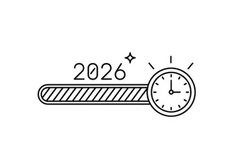 Minimalist 2026 loading bar with clock icon, representing progress towards the new year isolated on transparent background