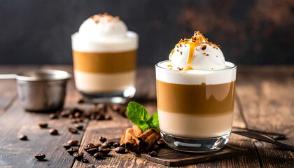 Frothy, layered beverage in glass with toppings, set on a wooden surface