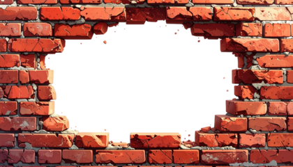 Red brick wall with a large dark hole, some damage shown