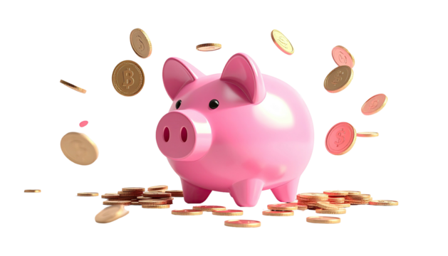 Pink piggy bank surrounded by falling and stacked gold coins