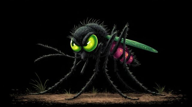 A menacing cartoon mosquito with glowing green eyes, a pink abdomen, and green wings stands