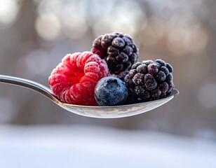 Frozen assortment of berries on a spoon against a blurry backdrop