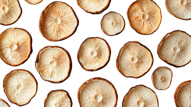 Mushroom slices displaying gills on black