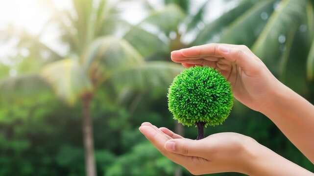 Hands cradling a small, artificial green tree against a blurred backdrop of lush foliage