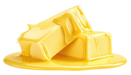 Two blocks of pale yellow material covered in a thick, glistening yellow liquid, isolated on a transparent background