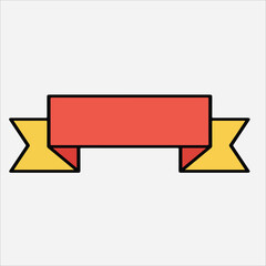 A red and yellow ribbon banner icon with a black outline on a white background, featuring a simple graphic design.