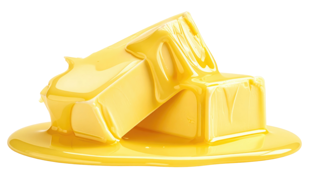 Two blocks of pale yellow material covered in a thick, glistening yellow liquid, isolated on a transparent background