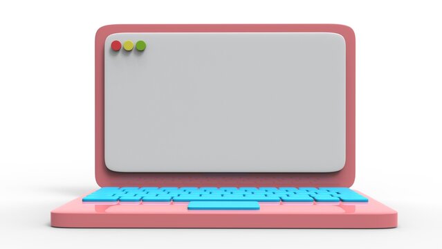 A charming 3D rendering of a stylized, cartoon-style laptop computer. The device features a playful pink casing and bright blue keys on the keyboard.