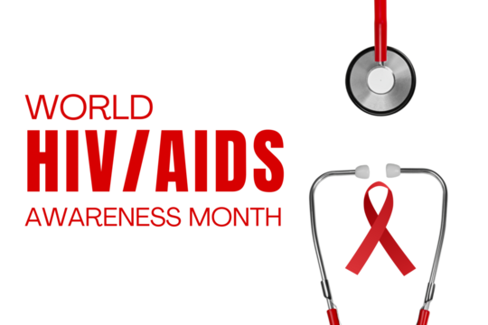 Health awareness: red ribbon and stethoscope, isolated, PNG